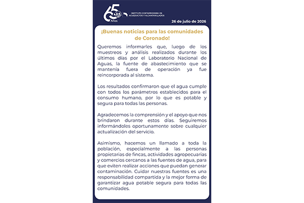 AyA confirma que agua de Coronado ya es consumible