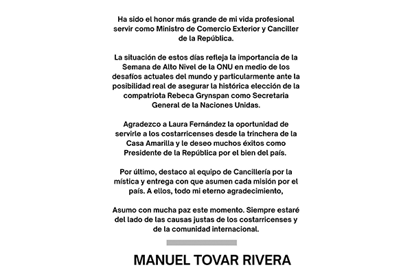 Manuel Tovar reacciona a su destitución como canciller: Asumo con mucha paz este momento